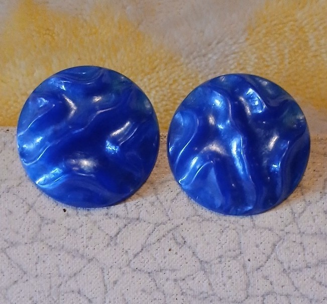VINTAGE Clip On Earrings Signed Western Germany Round Blue Lucite Molded