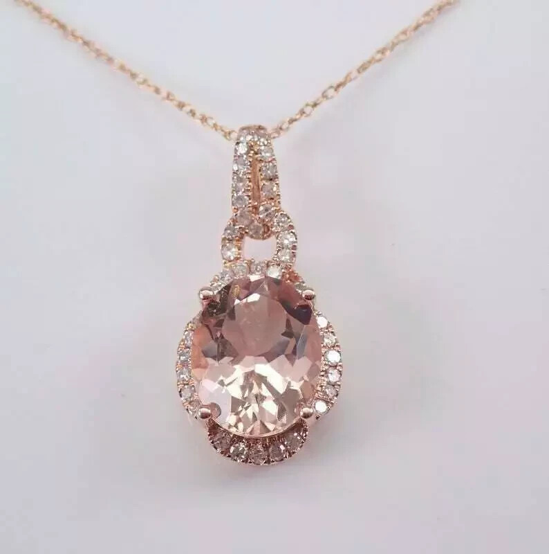 2.20Ct Oval Cut Morganite Diamond Halo Pendant Free Chain 14K Rose Gold Finish