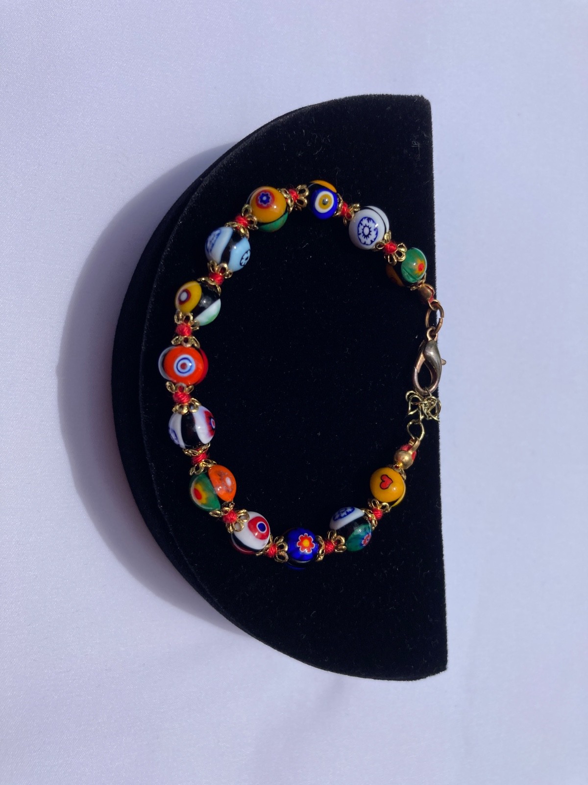 Vintage Murano Style Millefiori Glass Bead Bracelet Italy 7.5″ Hand Knotted