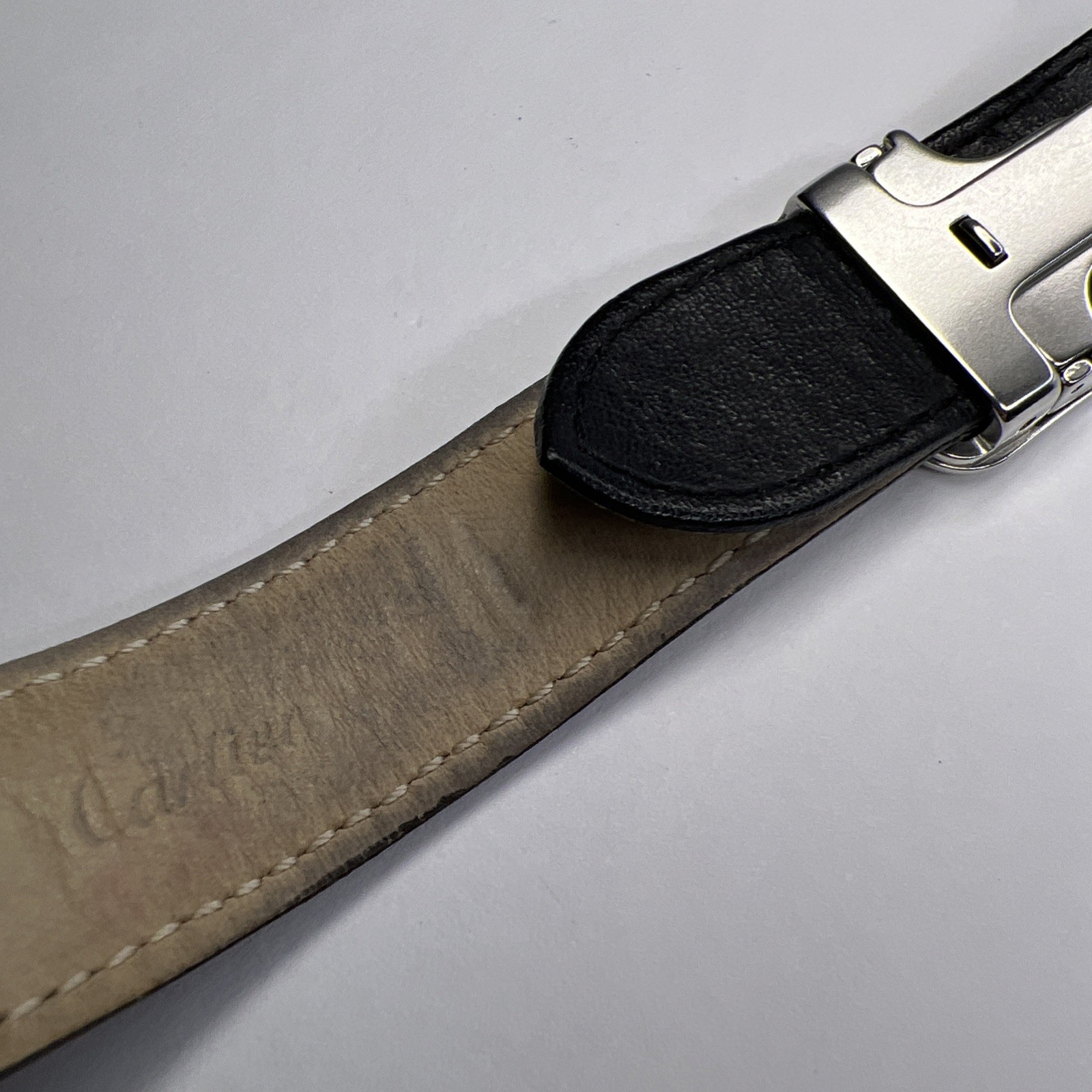 19mm Cartier Black Ridged Leather Strap Band 18mm Steel Foldover Deployant Clasp