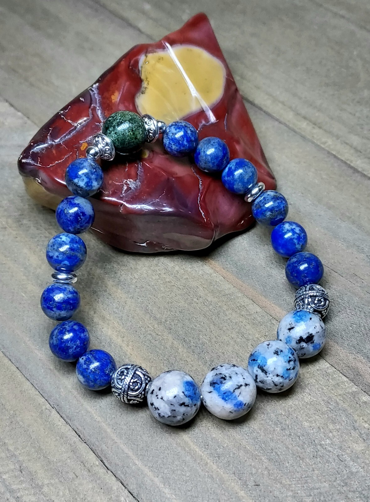 Blue Lapis and K2 Stone Bracelet Unique Meditation Jewelry Stretchy Gems 6.25″