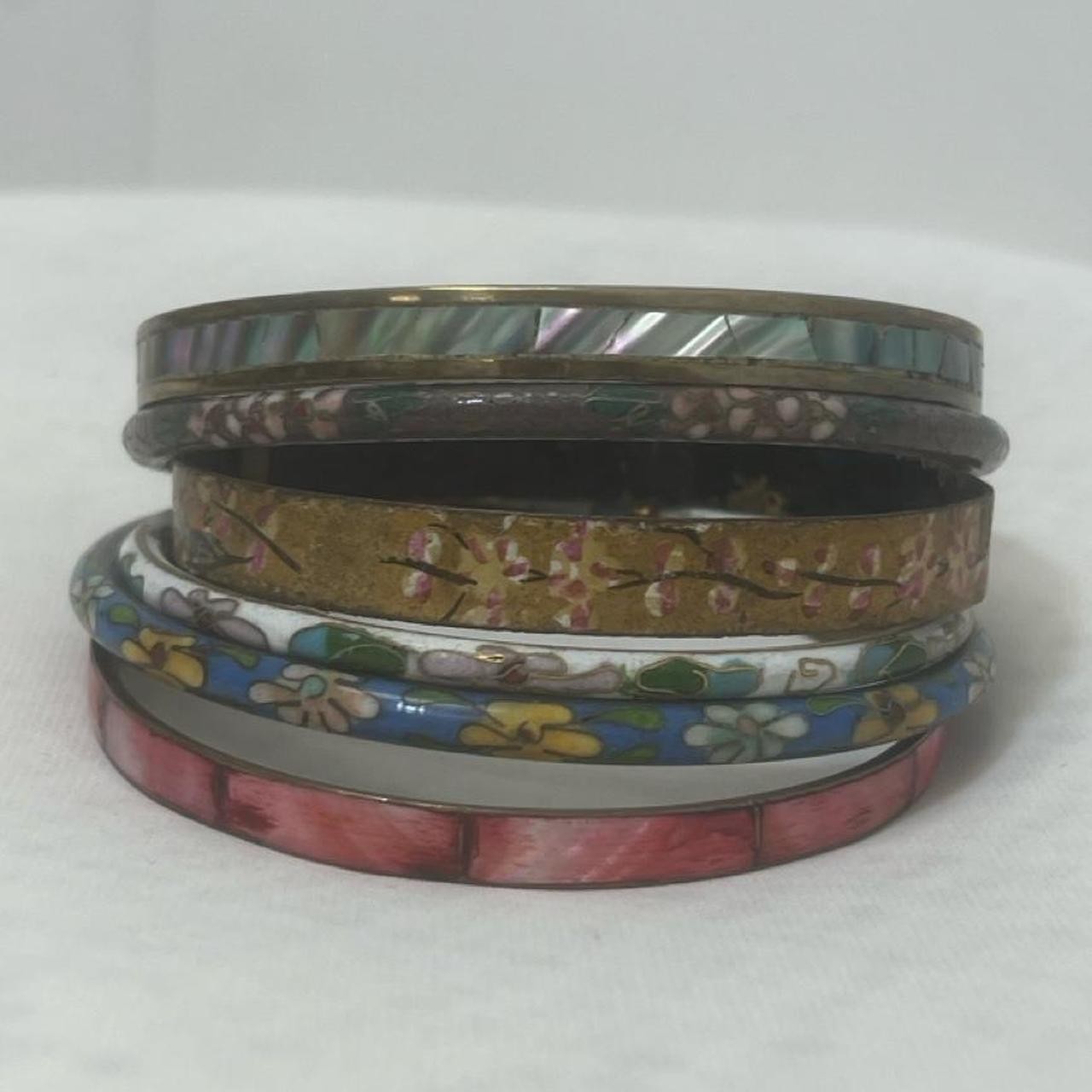 Vintage cloisonné bangles with extra matching shell/ metal bangles.