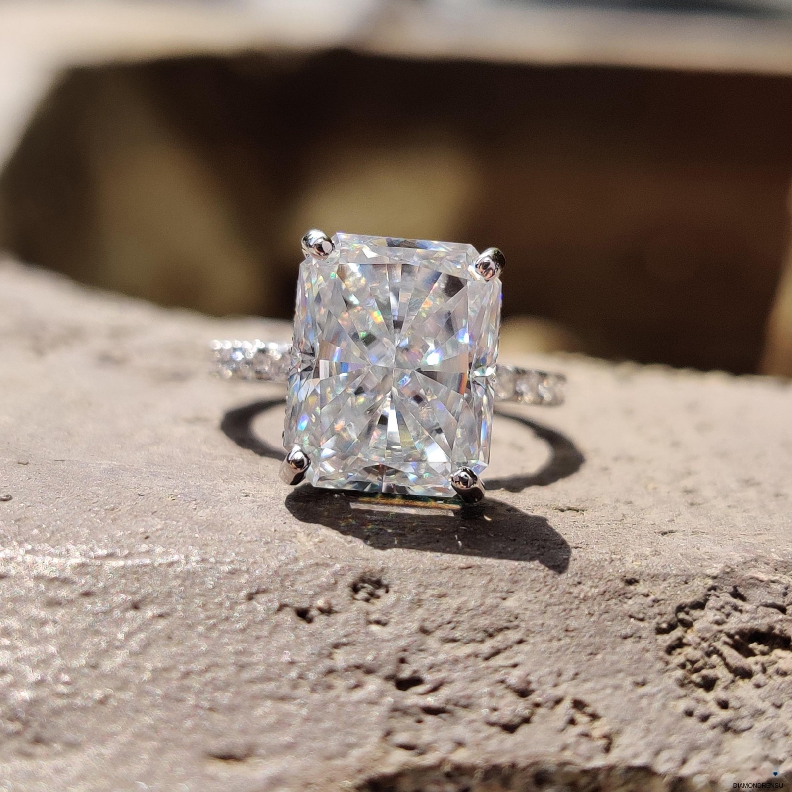 4.76CT Radiant Cut Crushed Ice Moissanite Ring Pave Engagement Ring