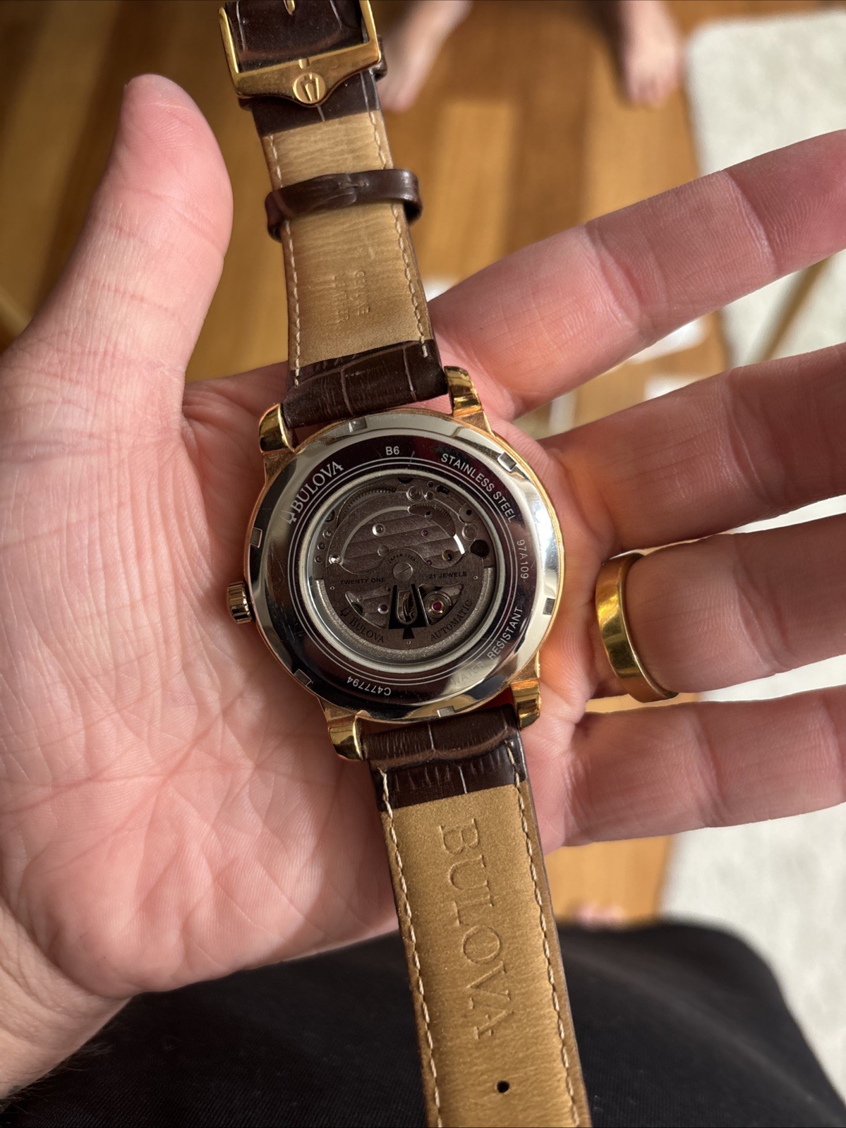 Bulova Automatic 21 Jewels Skeleton Black Waffle Dial Rose Gold Tone C477794