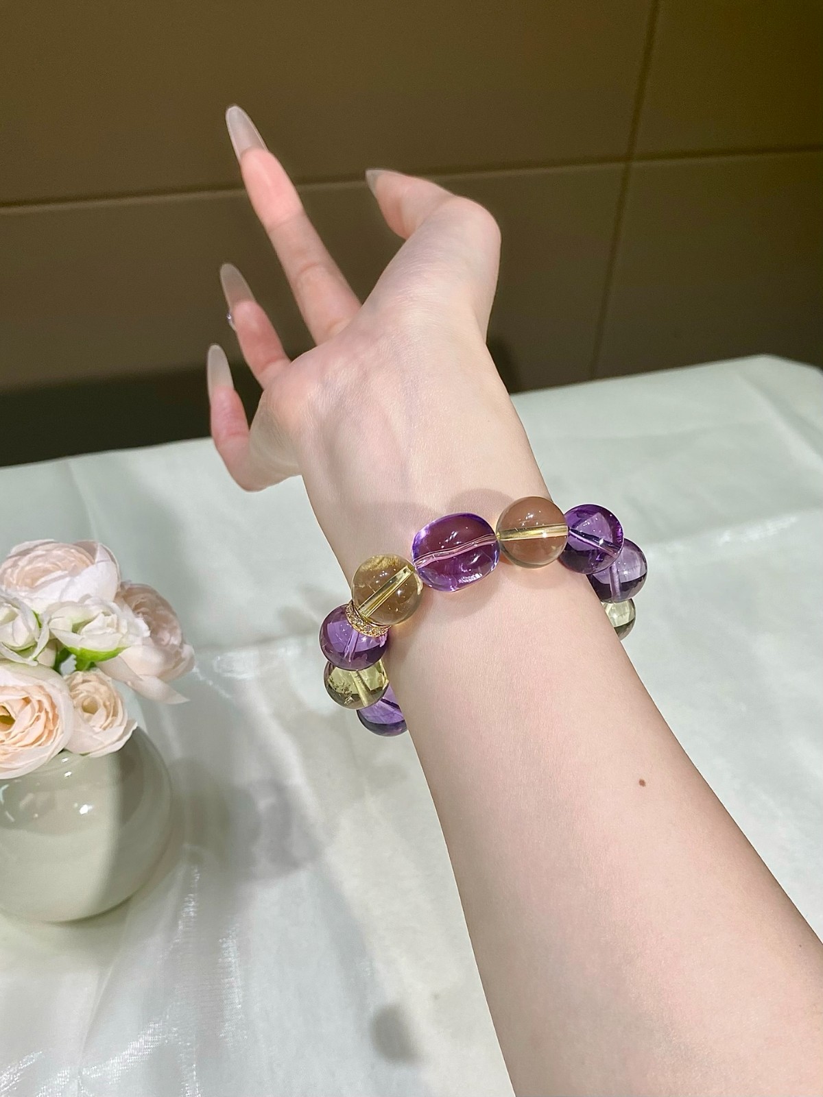 LUSA FEELA Natural Amethyst Citrine Crystal Beaded Stretch Bracelet Gift Box