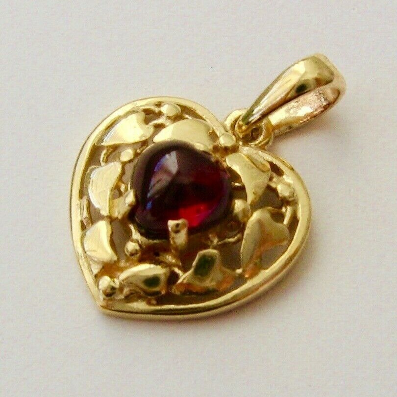 GENUINE SOLID 9K 9ct YELLOW GOLD LOVE HEART CABOCHON GARNET PENDANT GIFT