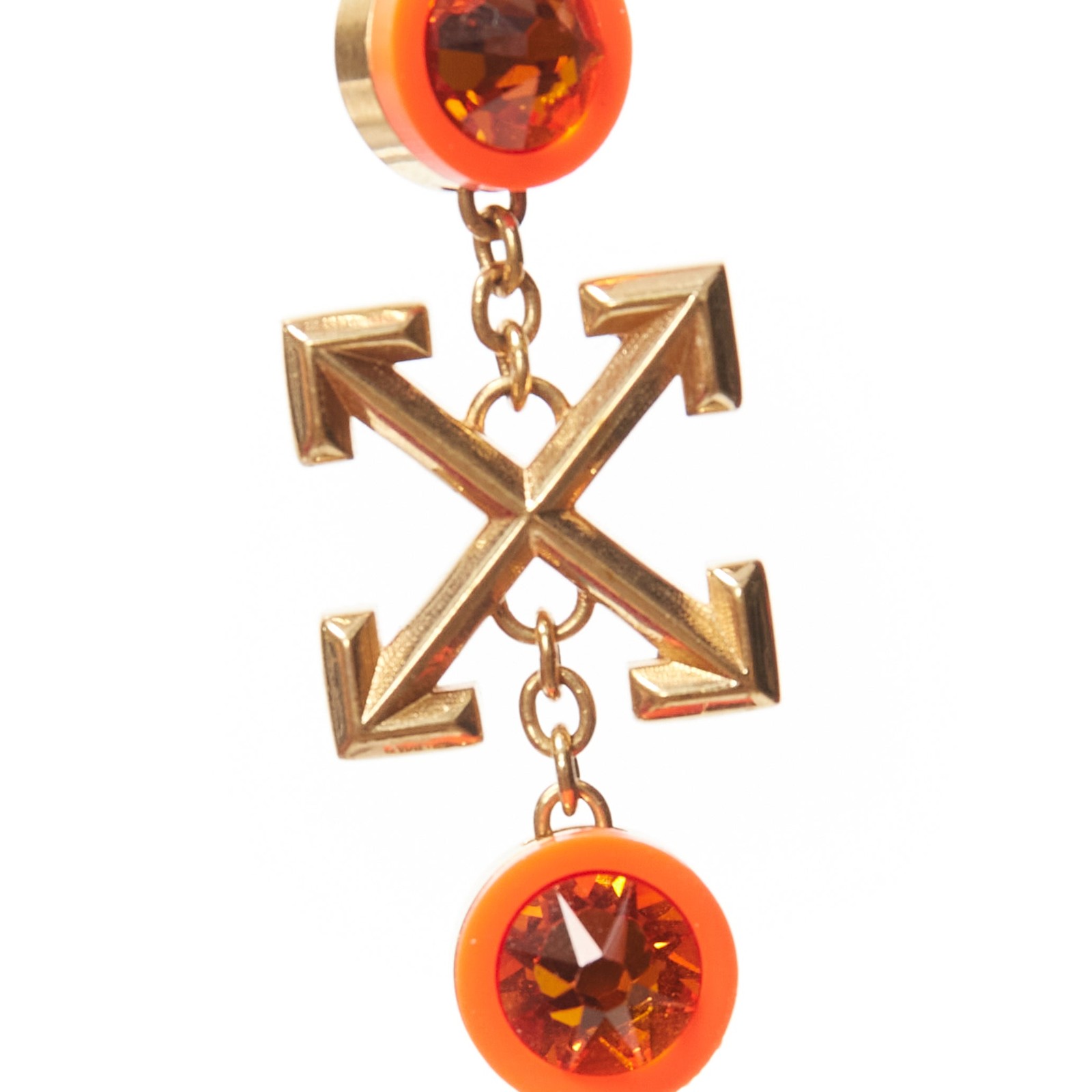 OFF WHITE neon orange gold logo jewel rhinestone drop pin earrings pair