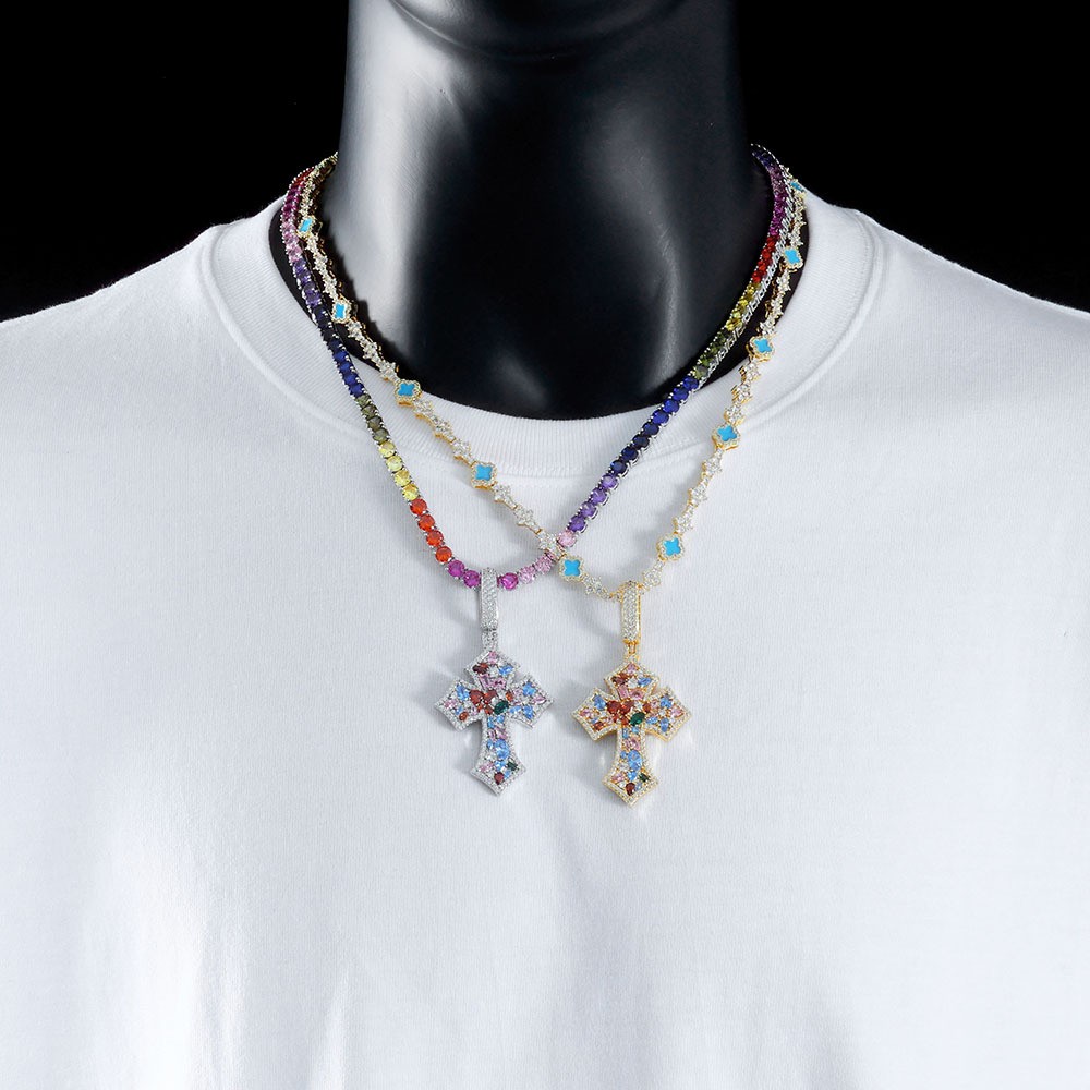 Mens Women Cross Pendant Gold Plated Colorful CZ Pendant Chain Gift Hip Hip