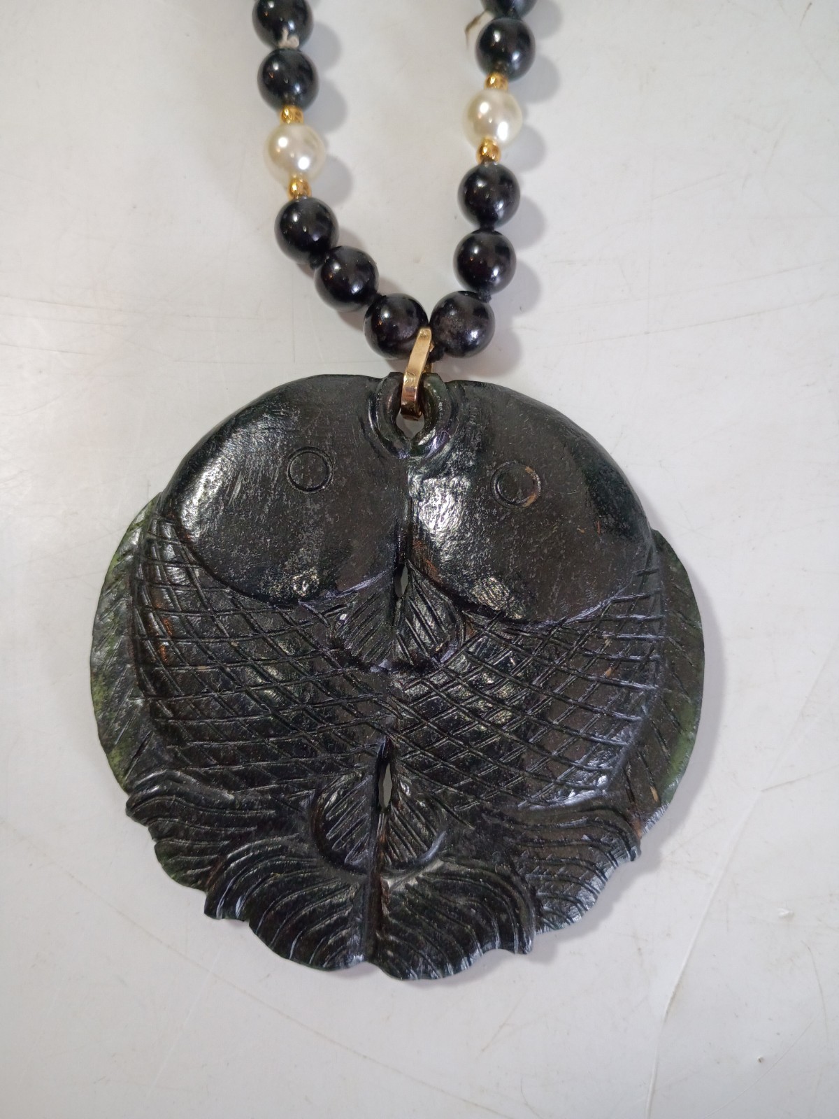 Estate Black Jade 14K Gold Pearl Double Koi Fish Beaded Necklace 28″
