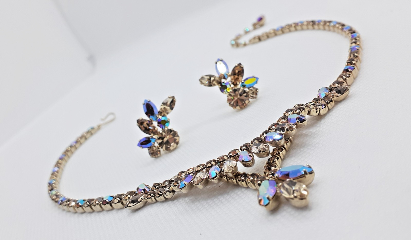 VTG SHERMAN Gold Semi-Rigid Swarovski Light Colorado & AB’s Necklace & Earrings