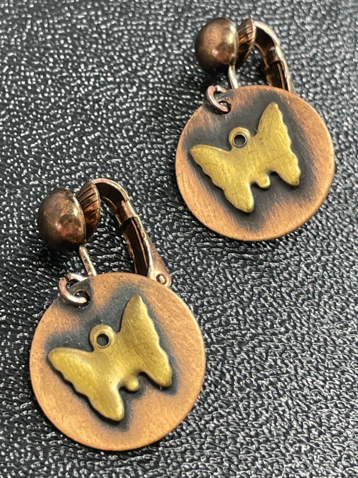 Vintage 1” Embossed Butterfly Copper Dangle Clip Earrings