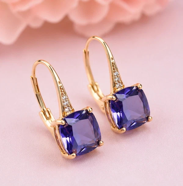 Cushion Cut Lab Created Tanzanite Women’s Hoop Earring in 14k Yellow Gold Plated