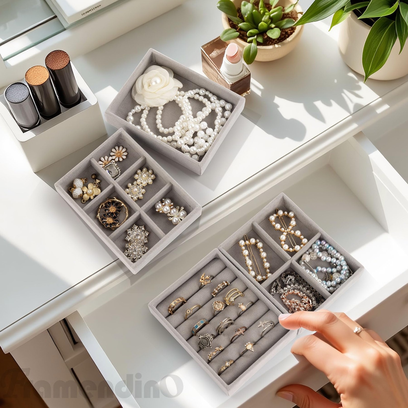 Framendino, 4 Pack Jewelry Tray Ring Display Case Stackable Organizer Trays D…