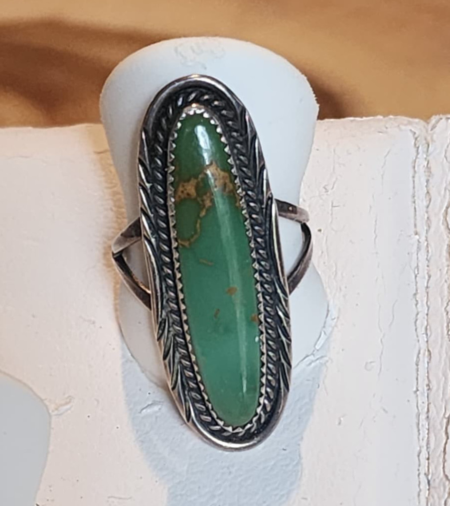 OD Sterling Silver Southwest Green Turquoise Ring Size 7.75 6.0g Signed Vintage