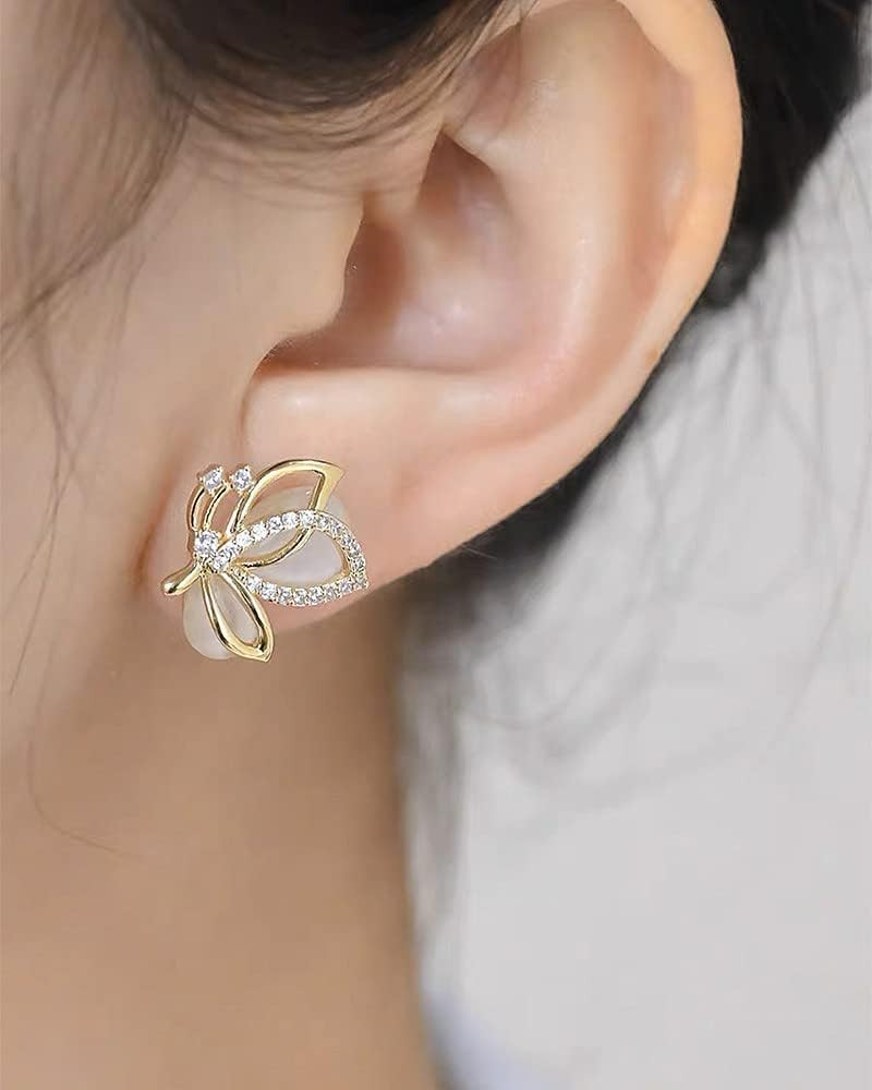 Elegant CZ Butterfly Earrings Crystal Cat’S Eye Stud for Women Gold-Tone 925 Ste