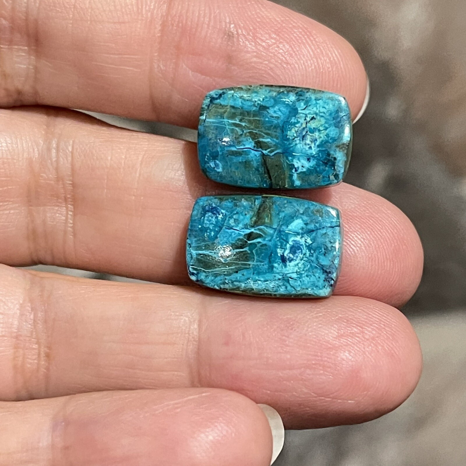 19.6ct 14.3×11.5×4.3mm Pair Of Rare Blue Shattuckite Rectangle Cabochons Gems