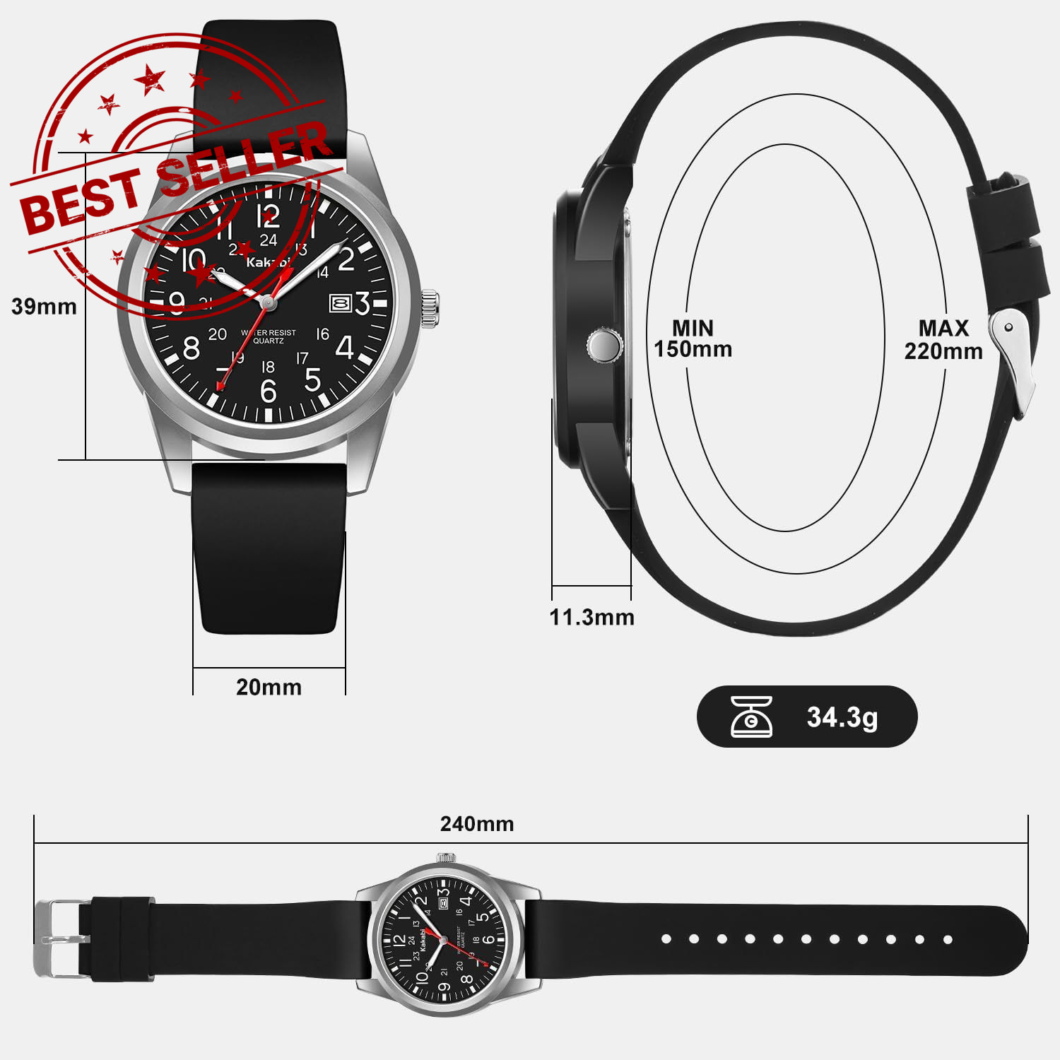 Kakabi Men’s Easy to Read Watch, Unisex Military Sport Analog 011-SilverBlack
