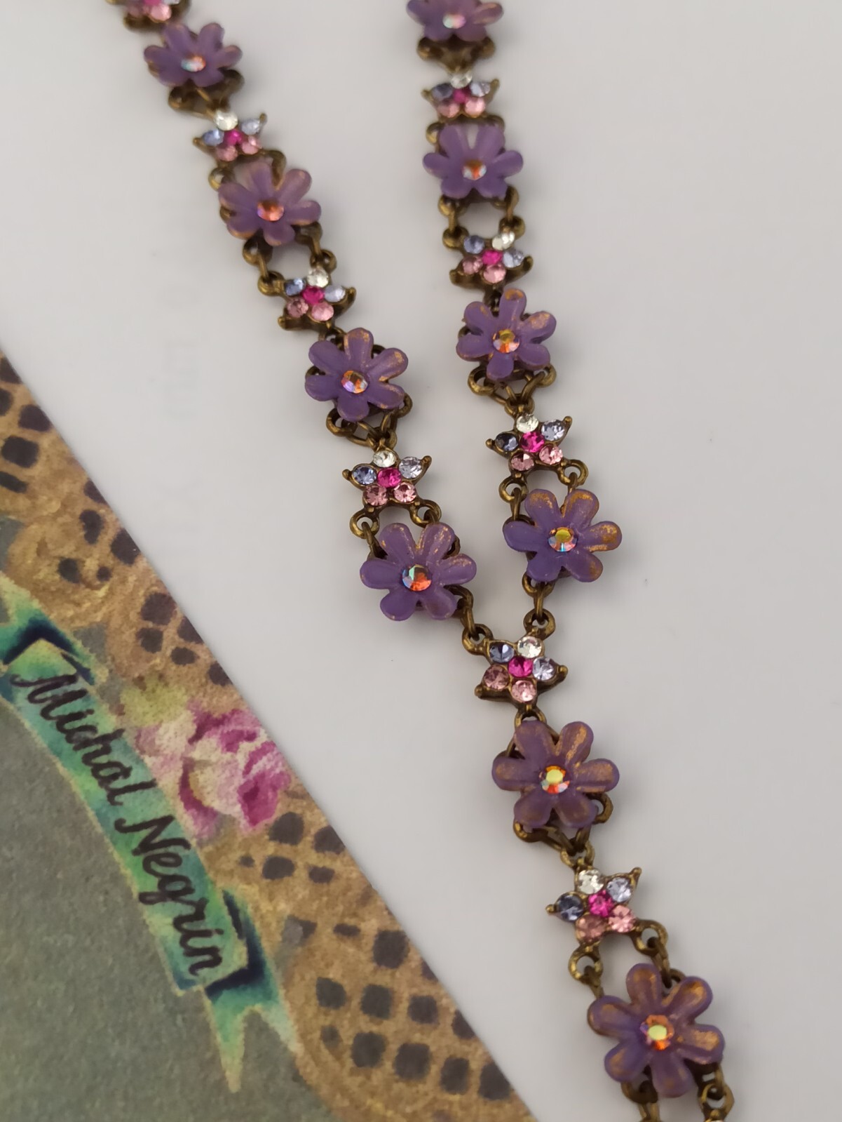 Michal Negrin Necklace Purple Flowers Pink Shades Crystals Cocktail Romantic Box