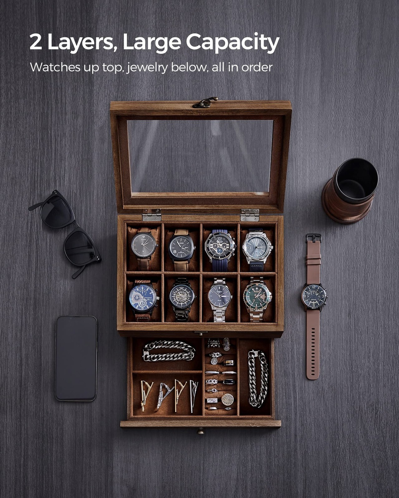 SONGMICS 8-Slot Watch Box, 2-Tier Watch Display Case with Large Glass Lid, Re…