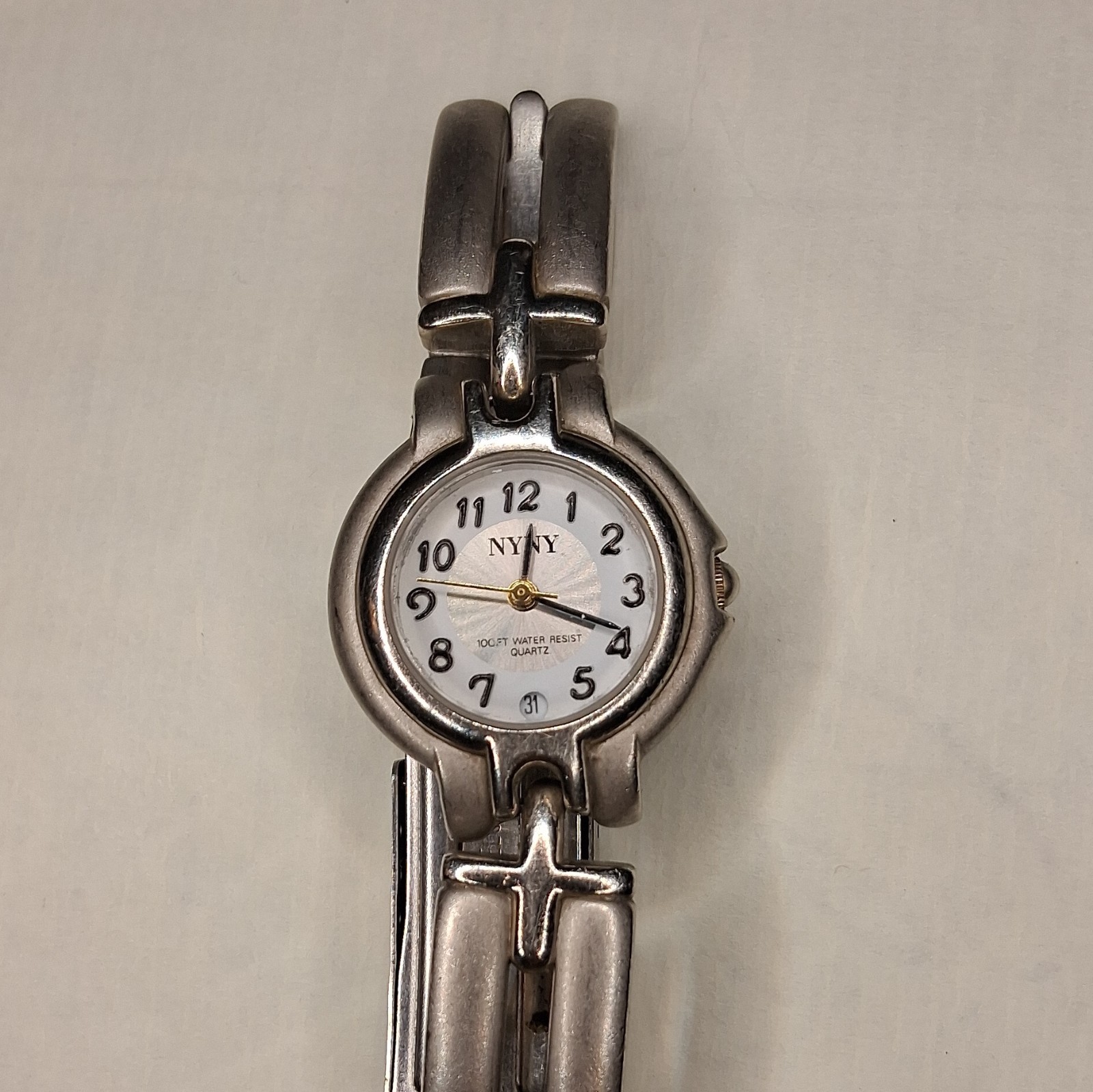 NYNY Women’s Quartz Analog Watch Silver Stainless Bracelet 100ft Date Arabic