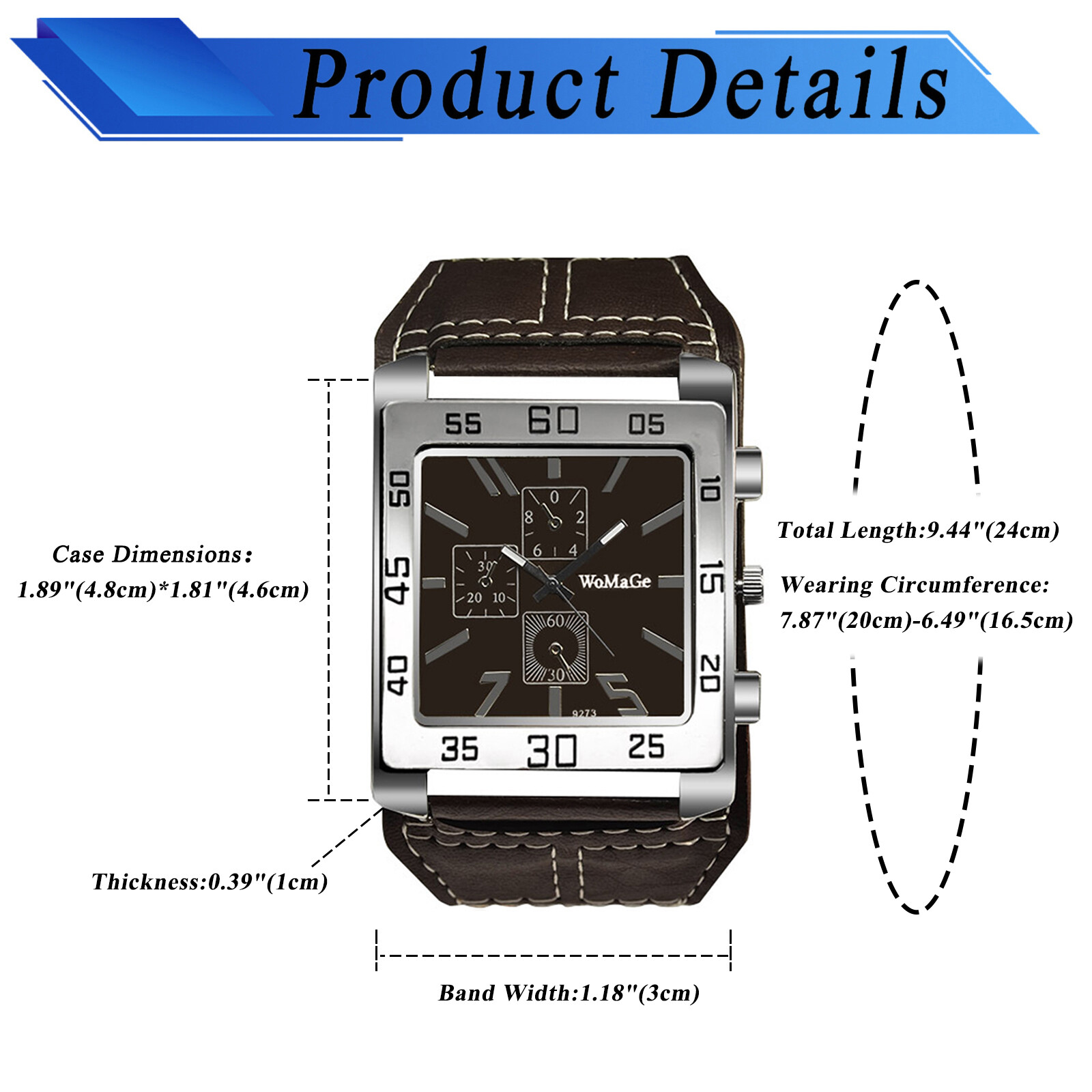 Mens Punk Wide Leather Cuff Band Big Square Dial Analog Quartz Biker Wrist Watch
