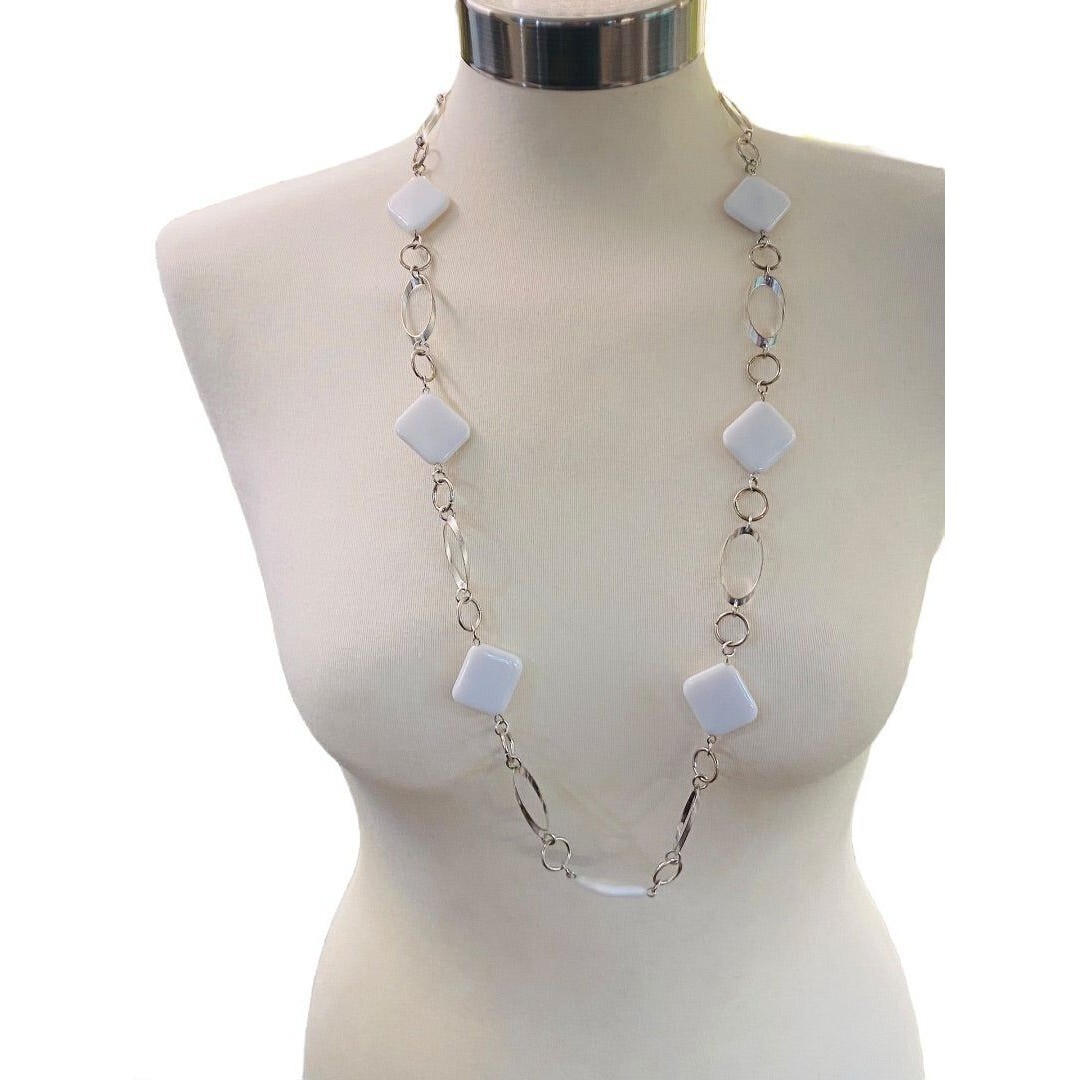 Silvertone and White Acrylic Square Necklace Overhead 34″ Lightweight