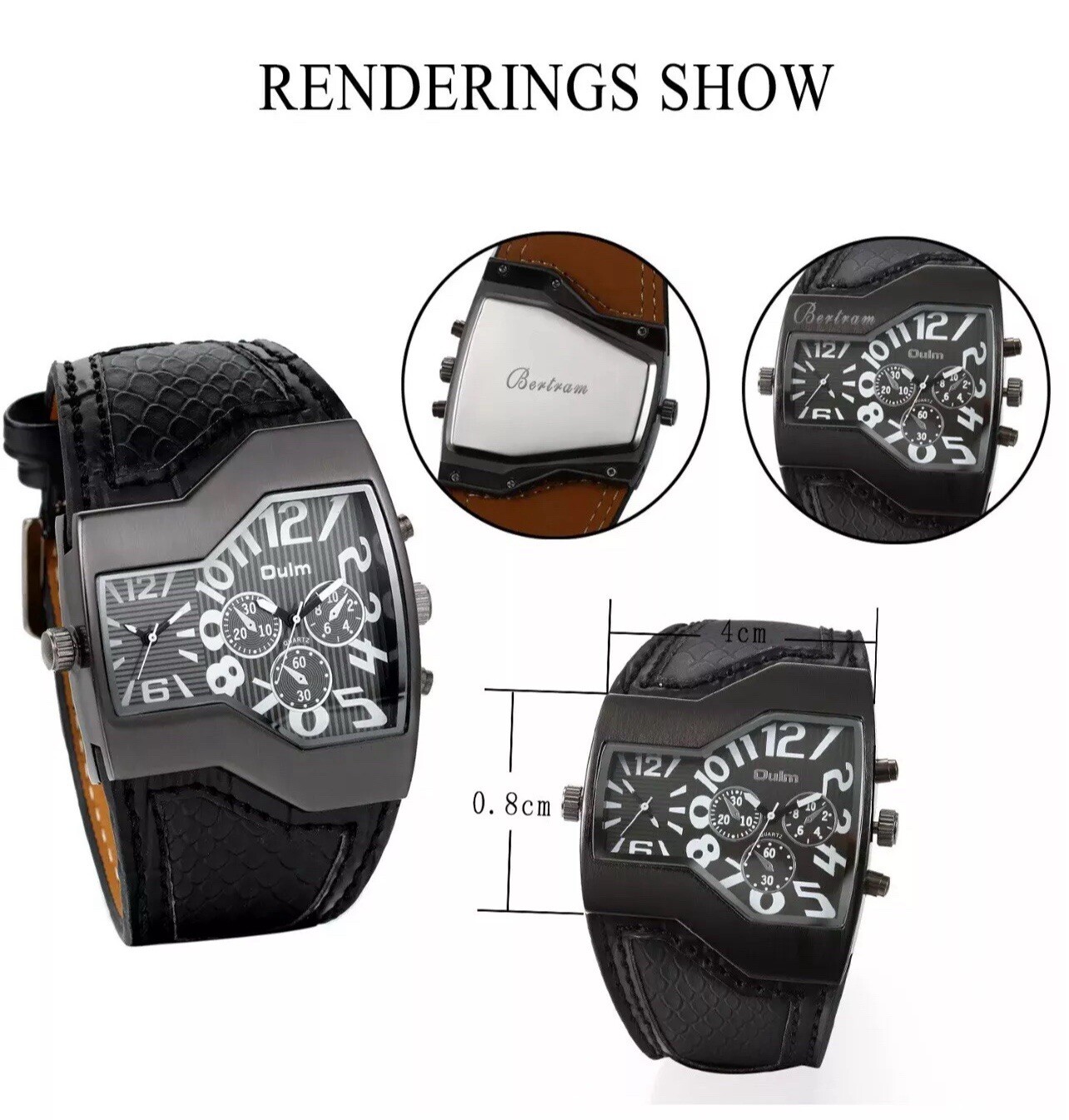 OULM Mens Casual Quartz Watches Dual Time Big Face Wide Leather Band Watch