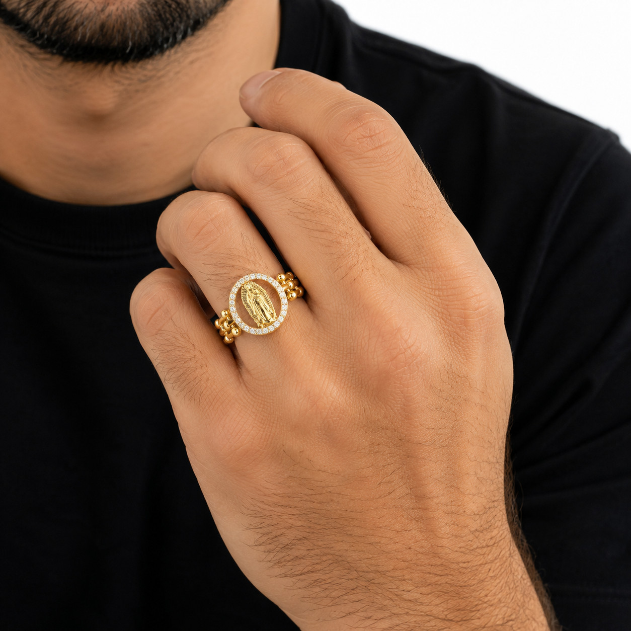 Italian 1/200 14k Yellow Gold Oro Virgin Mary Cuban Link Band Ring Anillo