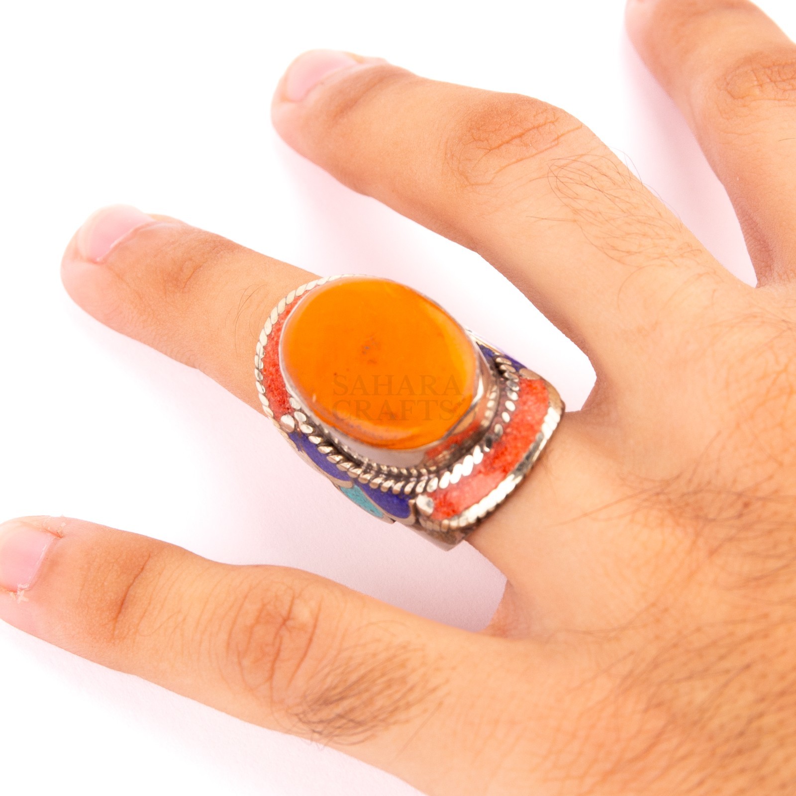 Tibetan Ring, Orange Coral Lapis Lazuli Stone, Traditional Tibetan Bead Jewelry,