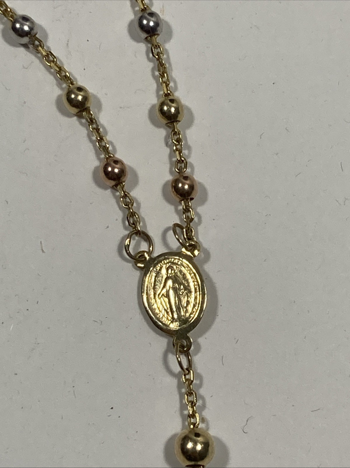 7.36grams Tri-Color Religious Bead 10K Gold 16″ Necklace. .099oz AGW.