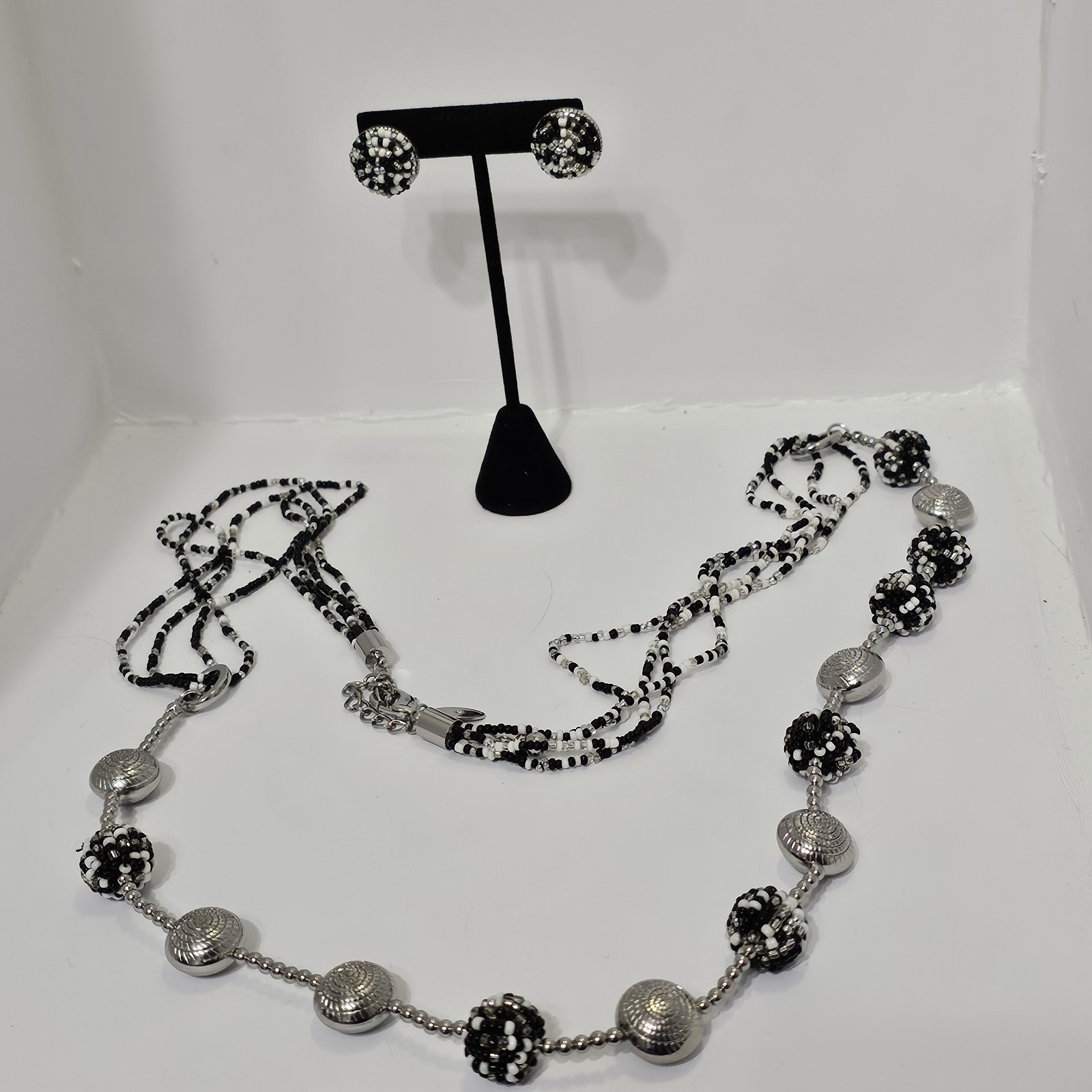Chicos Signed Black White Beaded Necklace Earrings Set Chunky Statement Silver