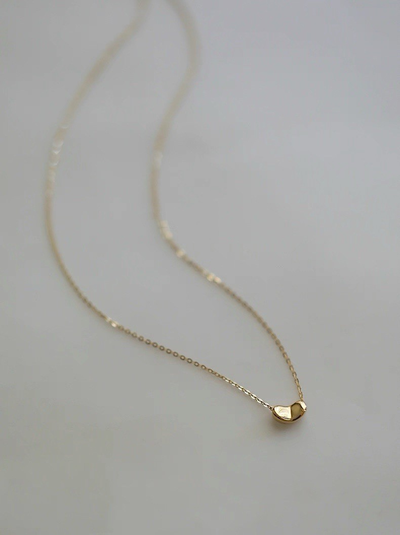 Solid 14K Yellow Gold Bean Pendant Necklace AU585 Stamp, 16.5” Adjustable