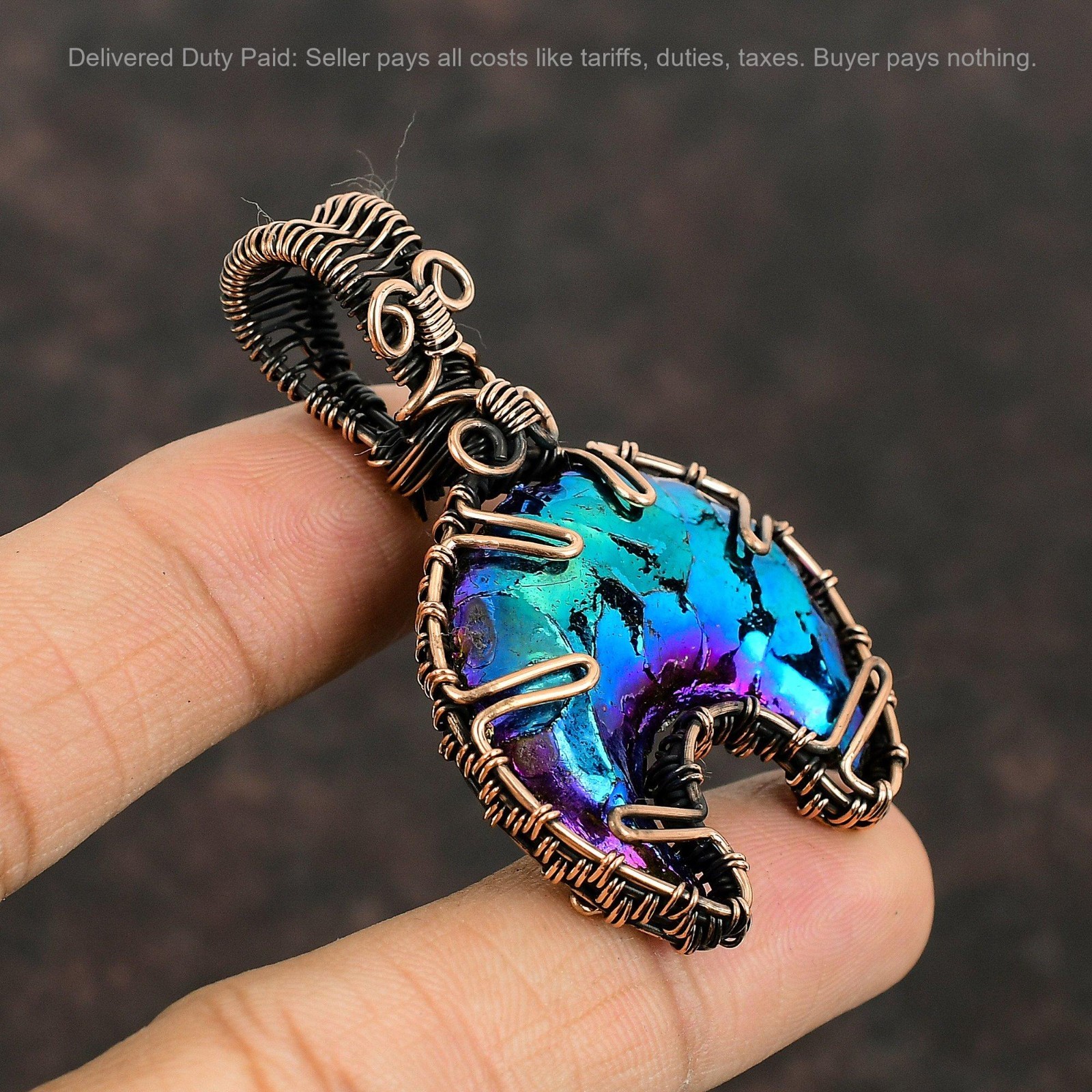 Copper Natural Titanium Druzy Daughter Wire Wrapped Crescent Moon Trendy Pendant