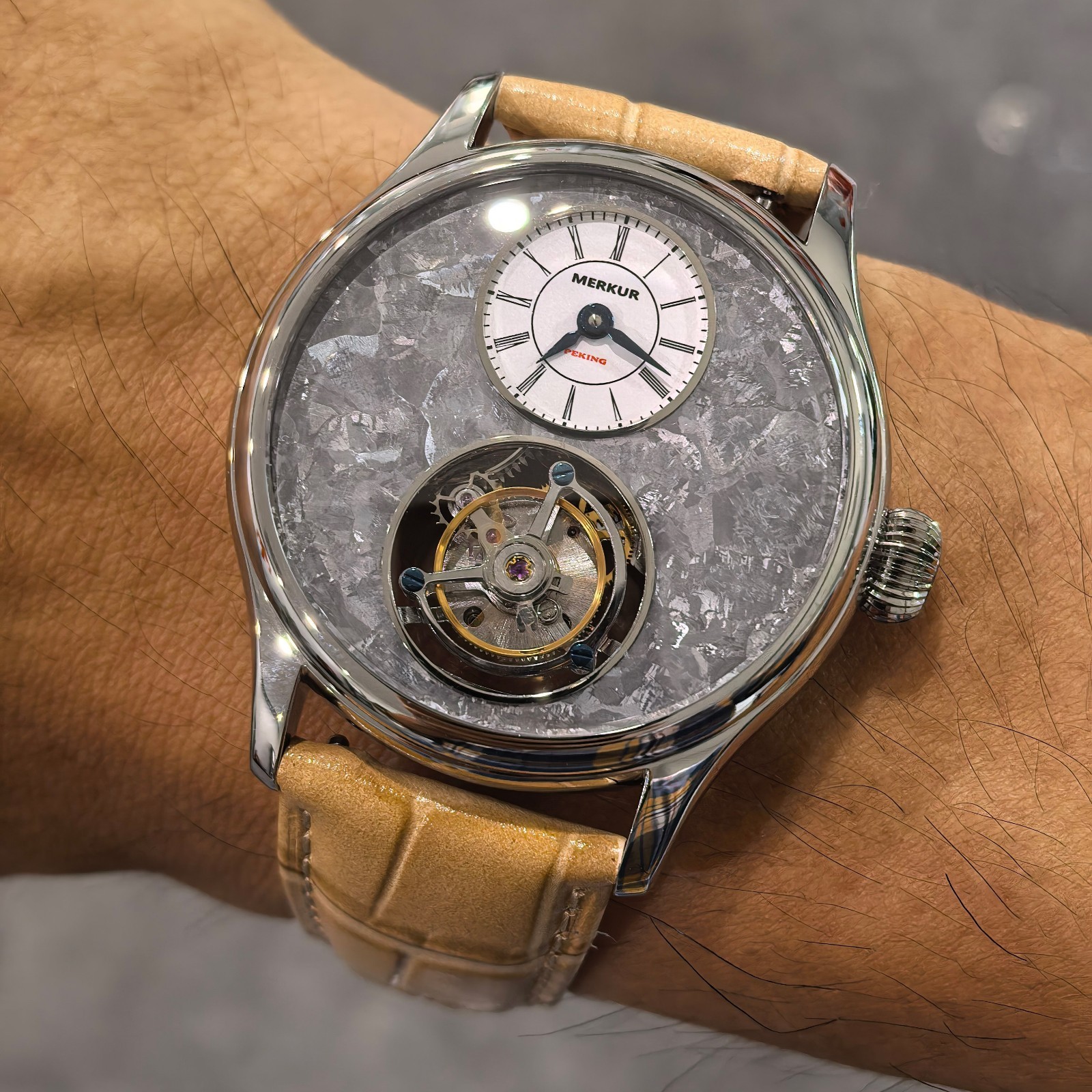 Merkur Men Tourbillon Watch 42mm Mechanical Wristwatch Sapphie Gray Stone Dial