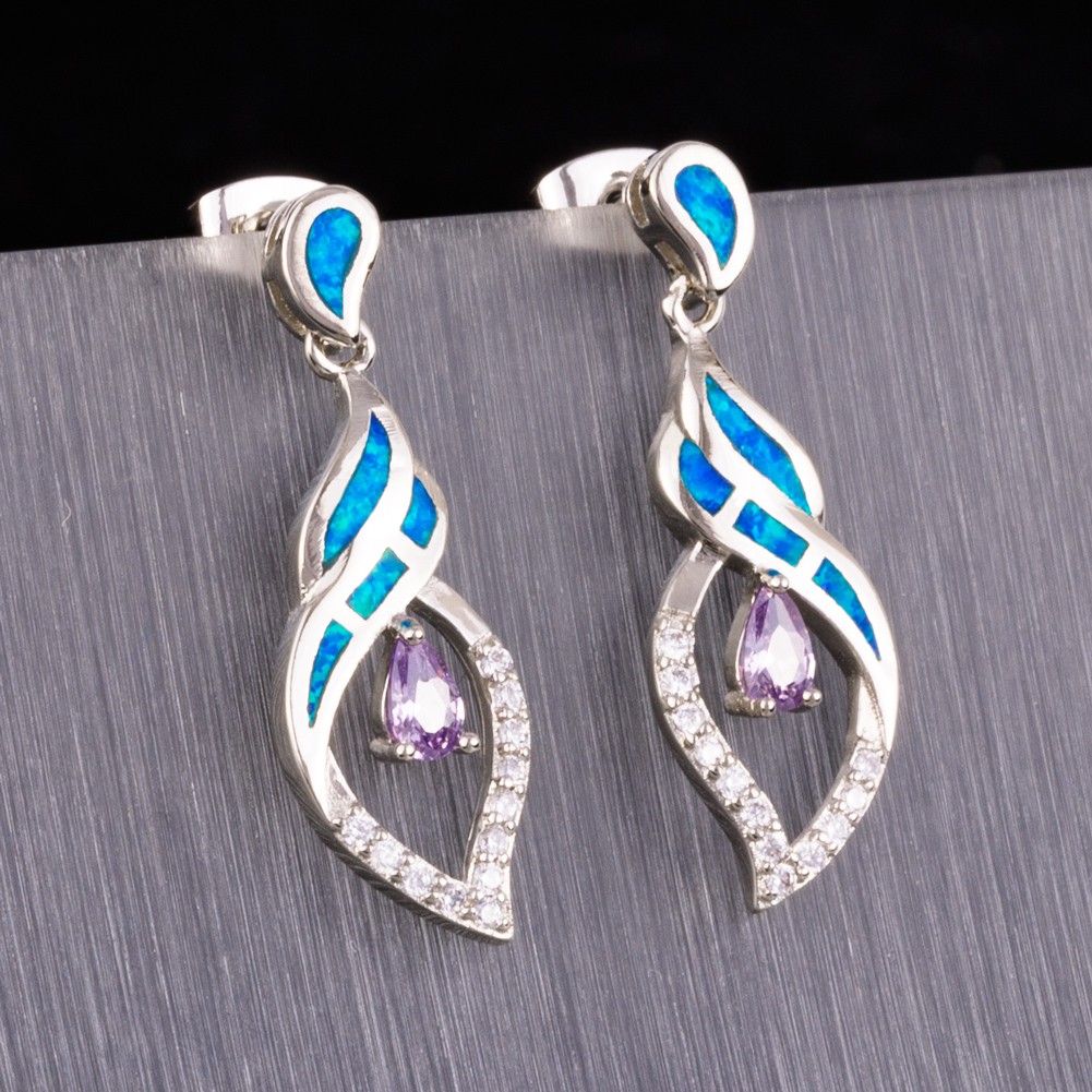 3×5 Pear Simulated Amethyst Blue Fire Opal Silver Jewelry Drop Pierced Earrings