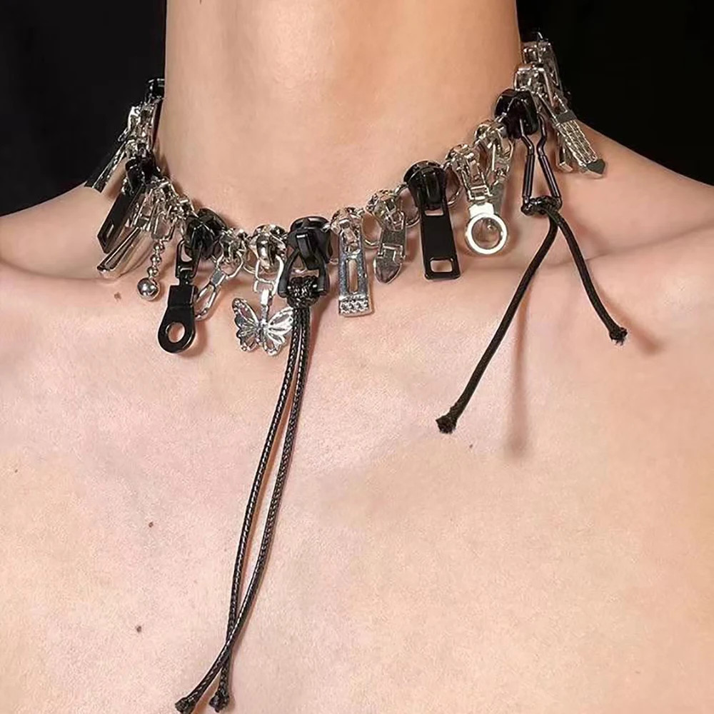 Zipper Chain Necklace Fringe Geometric Punk Style Statement Unisex Jewelry
