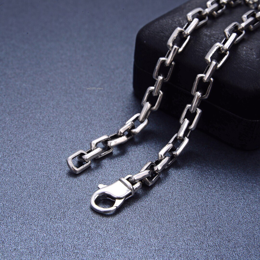 Real S925 Sterling Silver Chain Men Women 7mm Square Cable Link Chain Bracelet