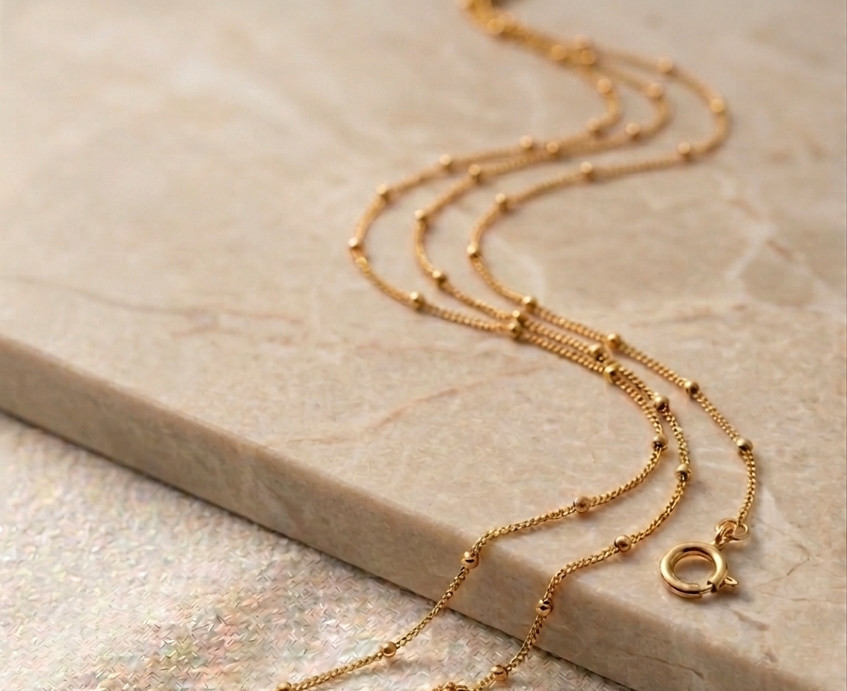 14K Solid Yellow Gold Ball Station Chain Necklace 2mm Dainty Beaded Minimalist