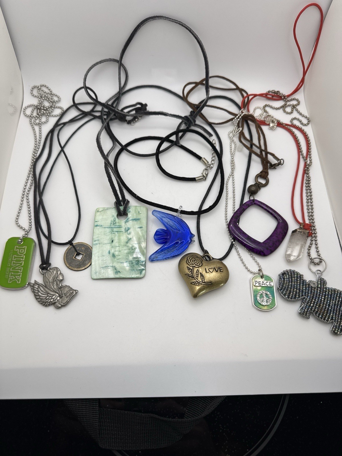 Boho Pendant Necklace Lot 10pc Cord Crystal Peace Angel Y2K Mixed Jewelry