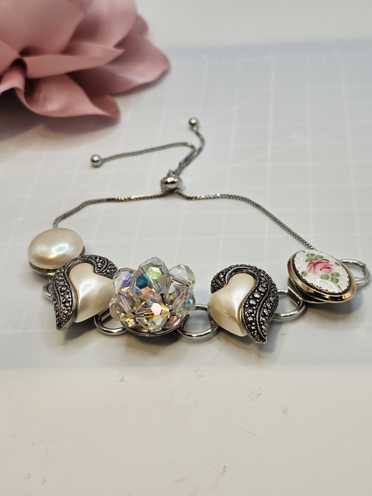 Handmade Mixed Media Bracelet Vtg Clip Earrings 40-50s OOAK 8+” Grannycore 2