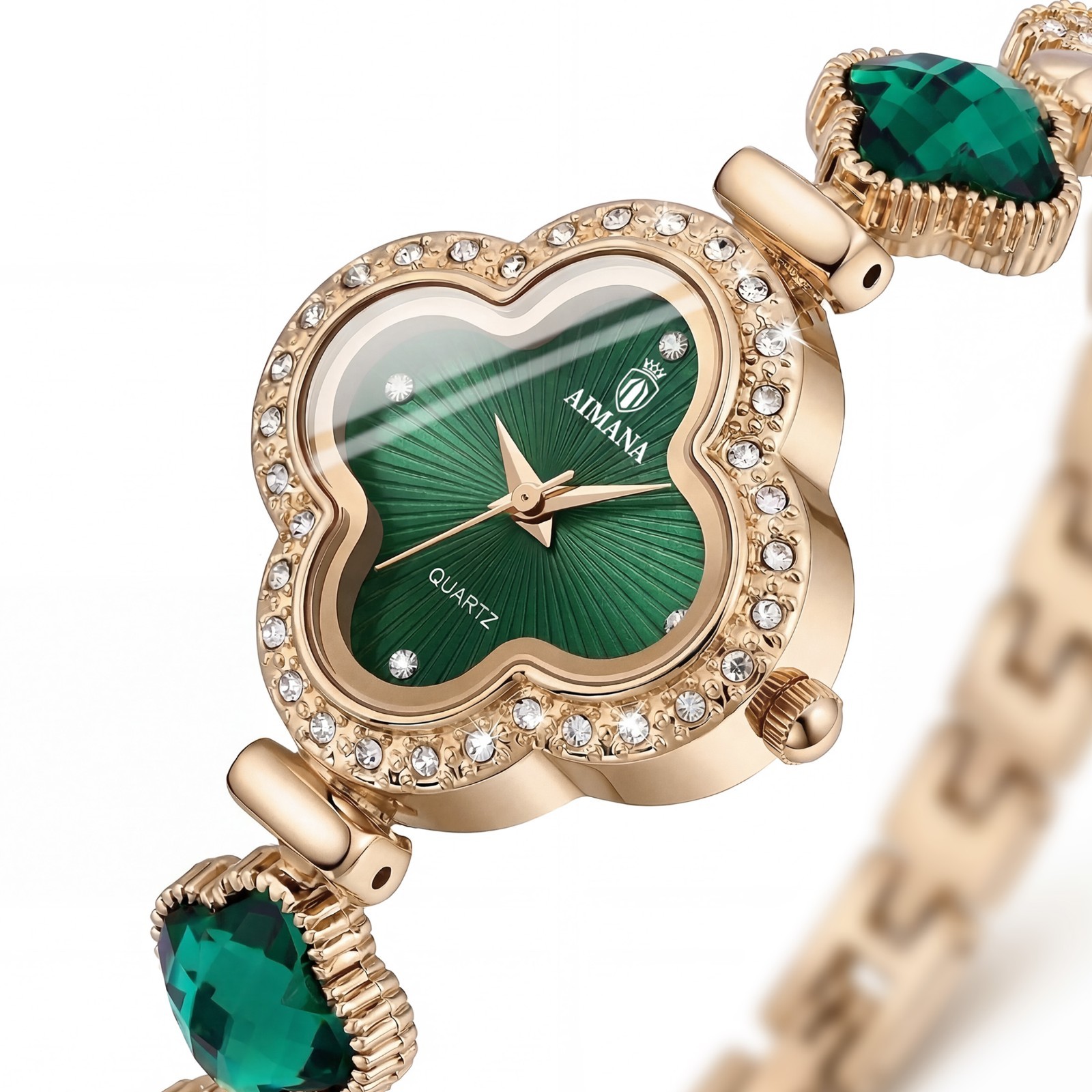 VORSEL Luxury Gold Bracelet Watch for Women Quatrefoil-Shaped Green Dial