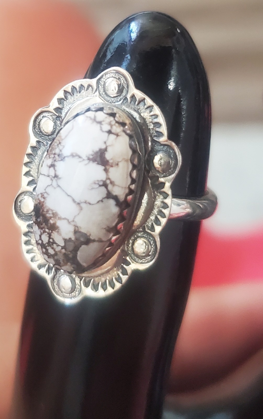 925 Sterling Silver Natural White Horse Turquoise Bezel Ring Size 6