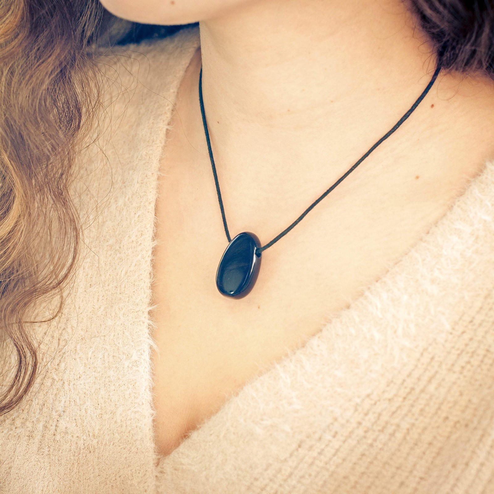 Black Obsidian Drop Pendant with Cotton Band Drilled | Gemstone Jewelry