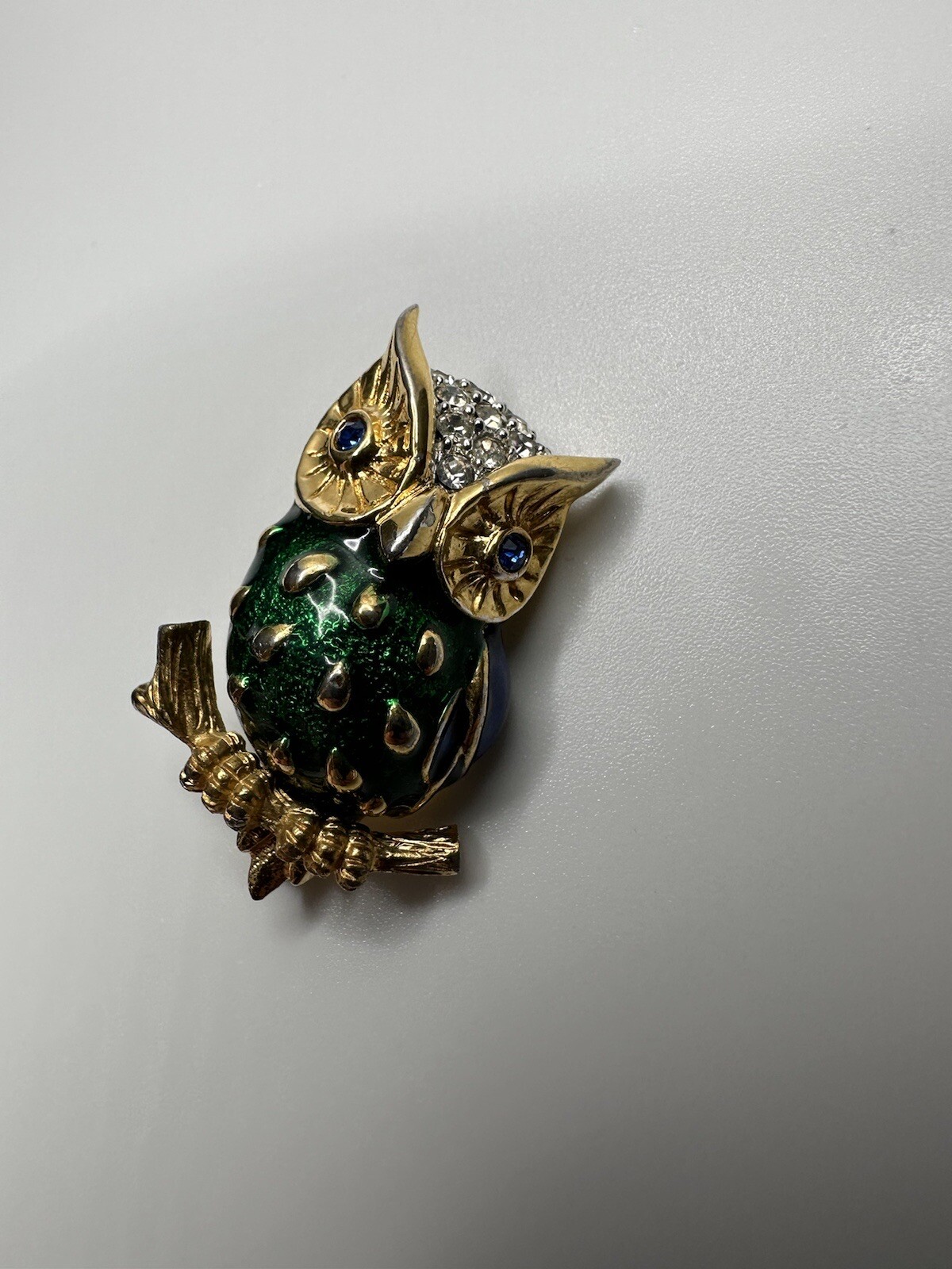 Vintage Gold Blue Green Enamel Rhinestone Owl Brooch 3.6cm JB8
