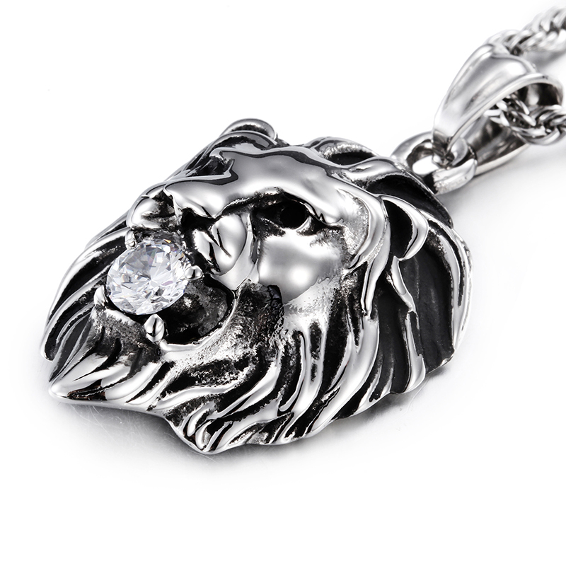 Mens Gift Stainless Steel Cool Lion Head CZ Charm Pendant Rope Necklace chain