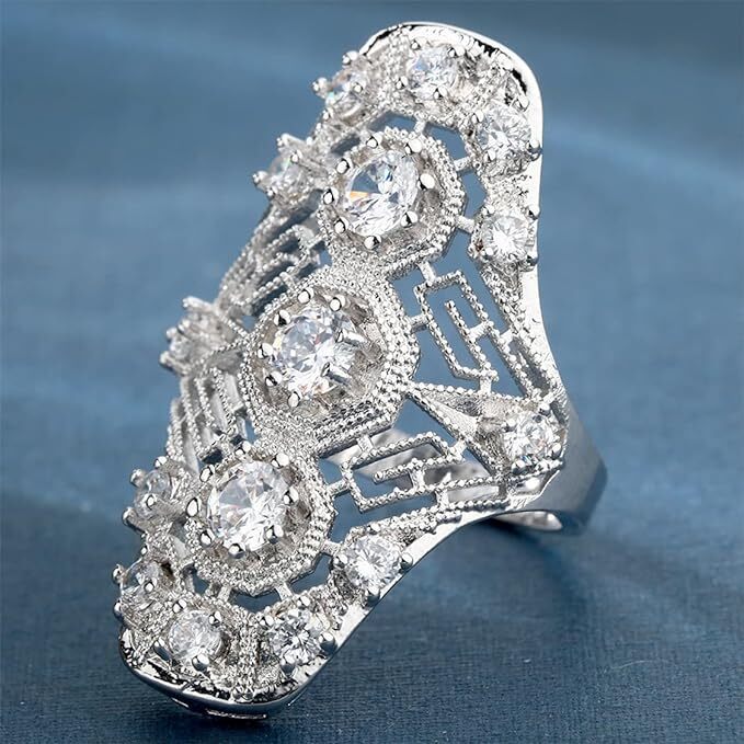 925 Stamped Sterling Silver Art Deco Filigree Vintage Ring Cubic Zirconia Stones