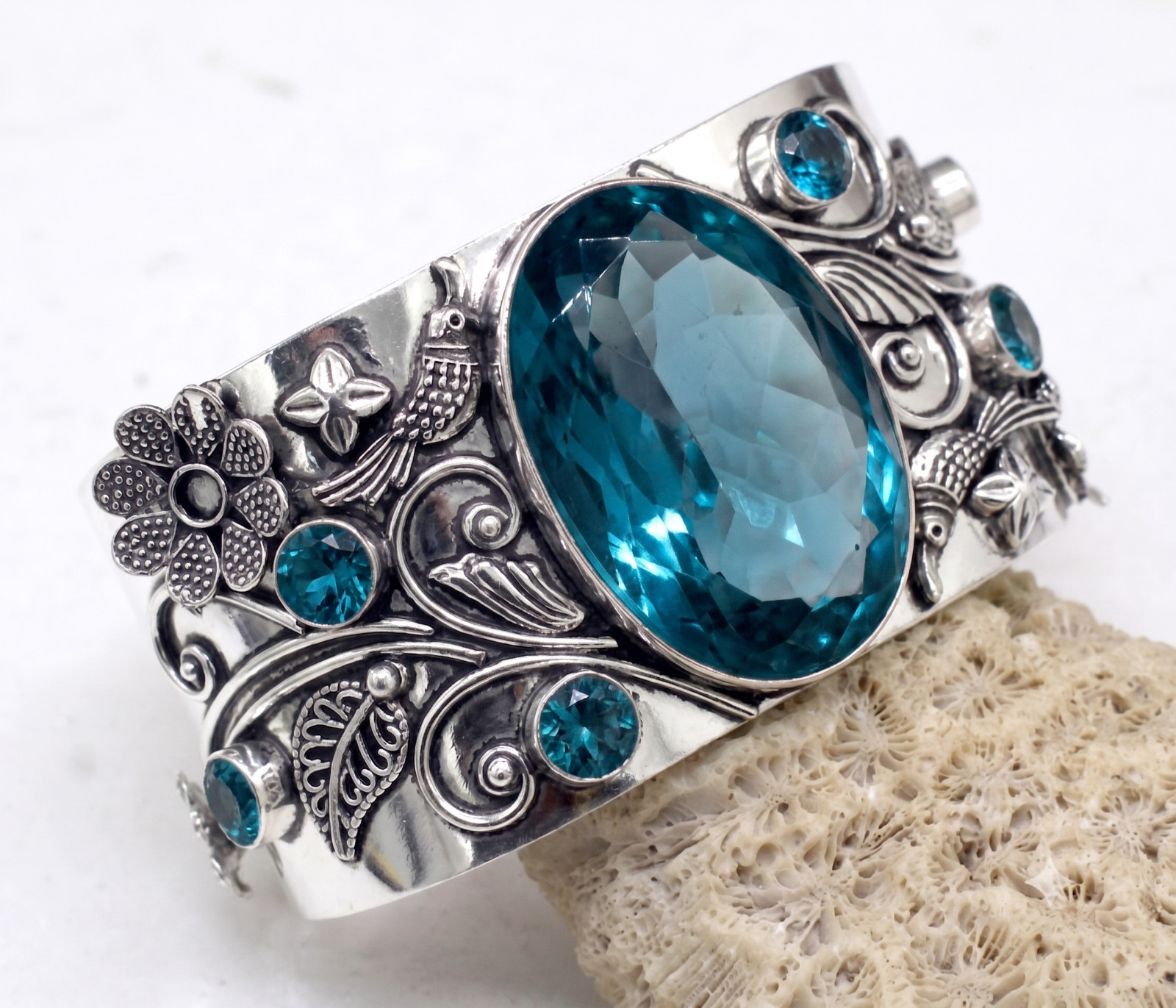 London Blue Topaz Cuff Bracelet 925 Sterling Silver Handmade Boho Jewelry ADJ”