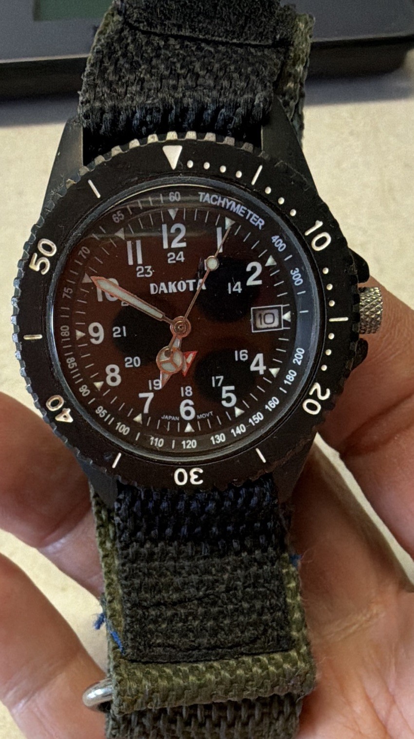 Dakota Quartz Military Analog Watch Black Dial Date Tachymeter 45mm WR30m
