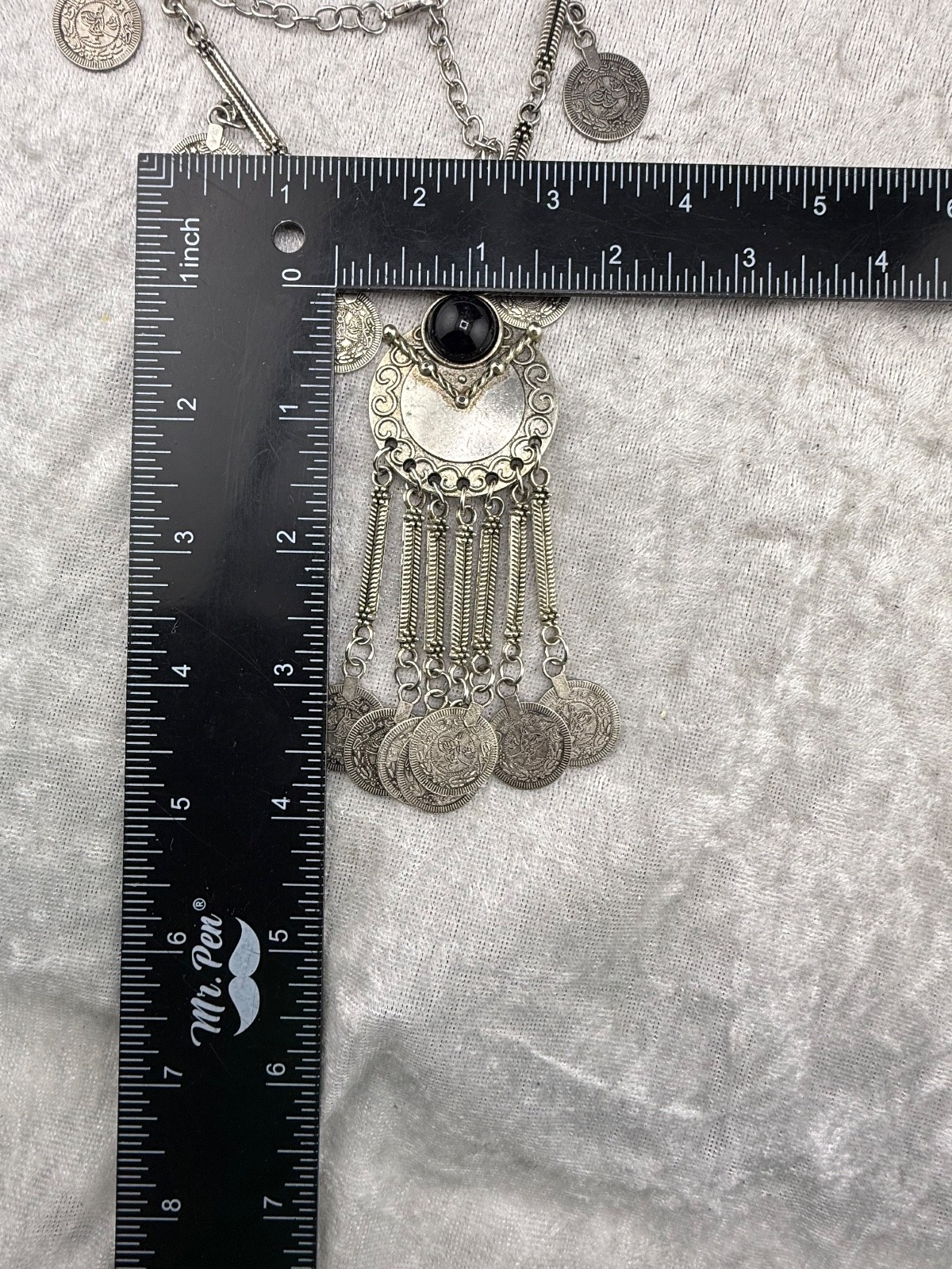 Faux Coin Necklace Silver Tone Fringe 24”