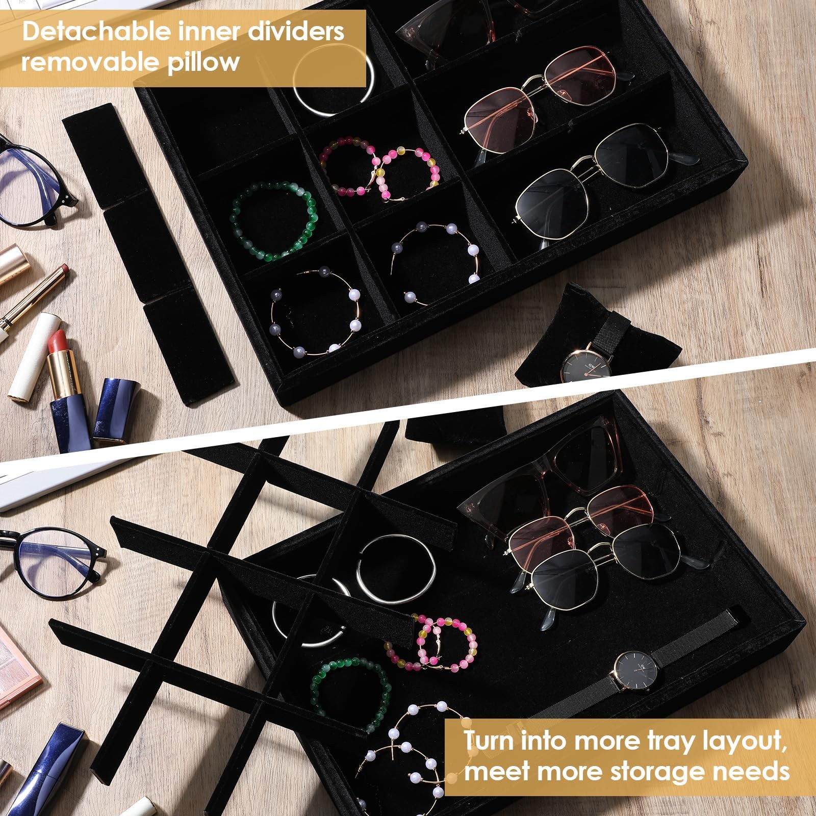 Tobeelec 2 Pcs Velvet Watch Tray Jewelry 13.77 x 9.44 x 1.96 inches, Black